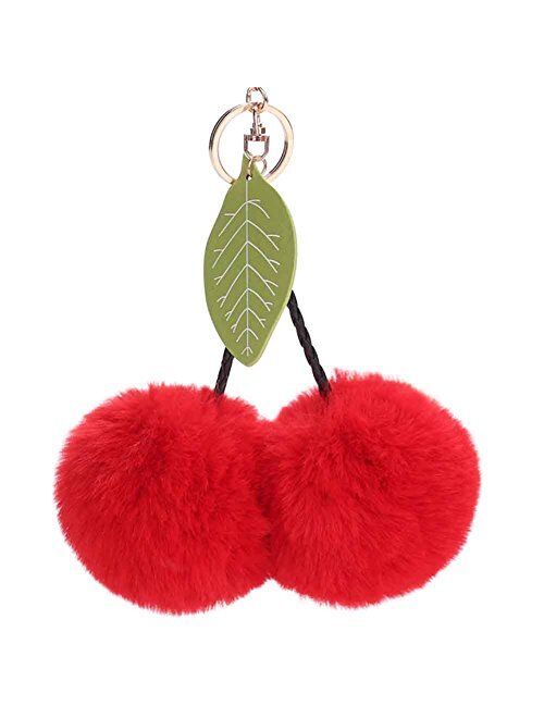 Sweet Plush Cherry Pompom Ball Backpack Pendant Keychain Key Ring Keyfobs Gift