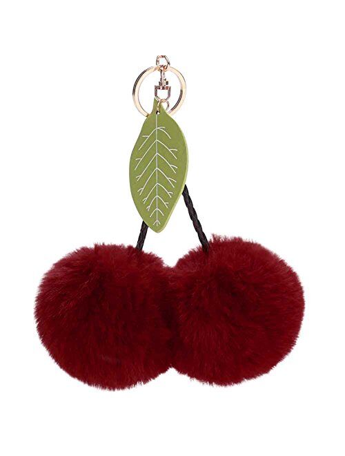 Sweet Plush Cherry Pompom Ball Backpack Pendant Keychain Key Ring Keyfobs Gift