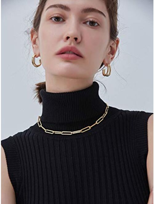 JIAHATE Link Necklace for Womens,Rectangle Oval Link Chain Necklace Choker Flat Paperclip Necklace Jewelry for Girls,Gold/Cable Necklace