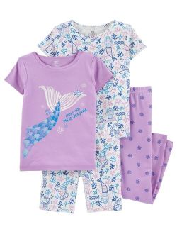 Big Girls 4-Piece Mermaid Snug Fit T-shirt, Shorts and Pajama Set