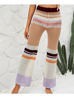 UDEAR Orange & White Stripe Open-Knit Elastic-Waist Pants - Women