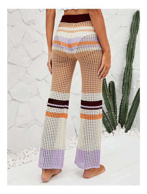 UDEAR Orange & White Stripe Open-Knit Elastic-Waist Pants - Women