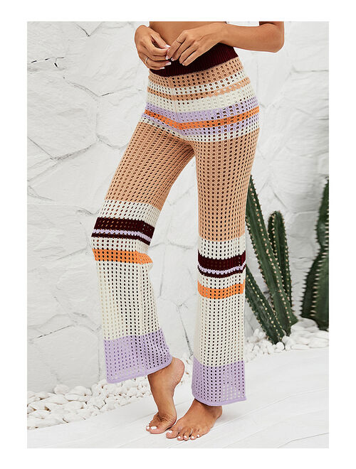 UDEAR Orange & White Stripe Open-Knit Elastic-Waist Pants - Women