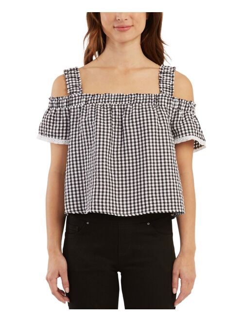 BCX Juniors' Cold-Shoulder Seersucker Top