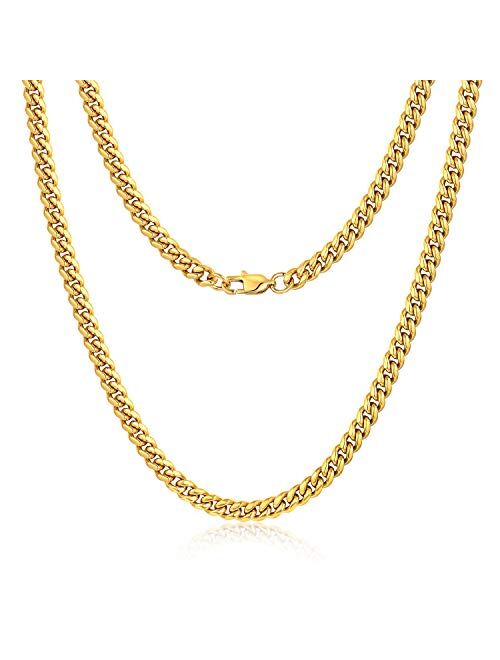 Jewlpire Diamond Cut Miami Mens Cuban Link Chain Necklace, Gold Chain | Silver Chain for Men Boys Women, Hip-Hop & Cool Style, 316L Stainless Steel/18K Gold Plated, 4/6/1