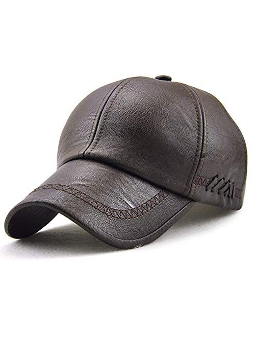 Dewsshine Plain Baseball Cap, Men Adjustable Structured PU Classic Baseball Cap Hat，Winter for Elderly Father