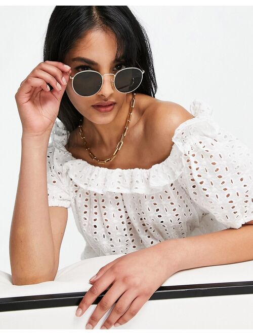 Vila exclusive eyelet cropped top with frill detail in white