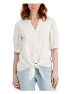 Petite Tie-Front Cotton Eyelet Top