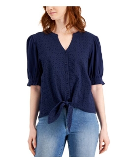 Petite Tie-Front Cotton Eyelet Top