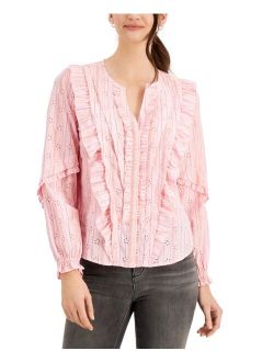 Cotton Ruffled Eyelet Striped Blouse