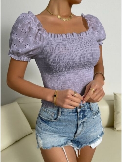 Eyelet Embroidery Puff Sleeve Shirred Top