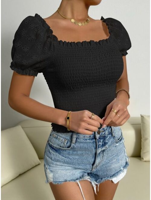 Shein Eyelet Embroidery Puff Sleeve Shirred Top