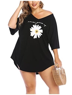 IN'VOLAND Women Plus Size Swimwear Baggy T-Shirts V Neck Letters Print Swimwear Bikini Beach Cover up