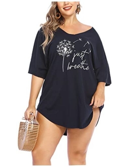 IN'VOLAND Women Plus Size Swimwear Baggy T-Shirts V Neck Letters Print Swimwear Bikini Beach Cover up