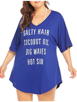 IN'VOLAND Women Plus Size Swimwear Baggy T-Shirts V Neck Letters Print Swimwear Bikini Beach Cover up