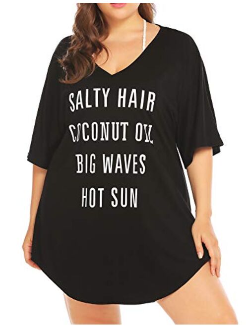 IN'VOLAND Women Plus Size Swimwear Baggy T-Shirts V Neck Letters Print Swimwear Bikini Beach Cover up