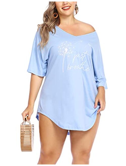 IN'VOLAND Women Plus Size Swimwear Baggy T-Shirts V Neck Letters Print Swimwear Bikini Beach Cover up