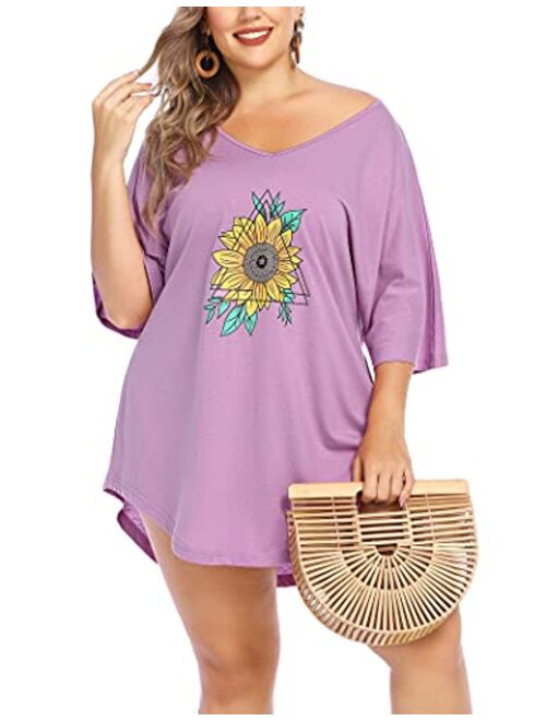 IN'VOLAND Women Plus Size Swimwear Baggy T-Shirts V Neck Letters Print Swimwear Bikini Beach Cover up