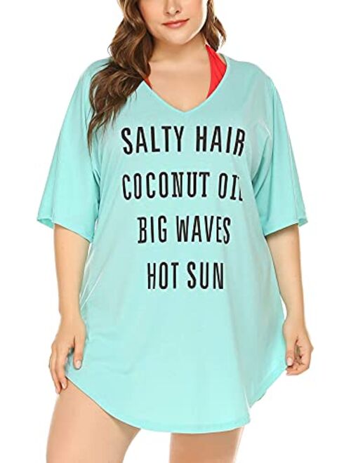 IN'VOLAND Women Plus Size Swimwear Baggy T-Shirts V Neck Letters Print Swimwear Bikini Beach Cover up