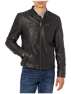 Men's Band Collar Leather Moto Jacket