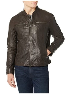 Men's Band Collar Leather Moto Jacket