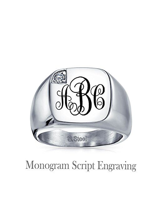 Bling Jewelry Personalized Men's Cubic Zirconia CZ Accent Engrave Monogram Initial Statement Square Signet Ring for Men Silver Tone Stainless Steel