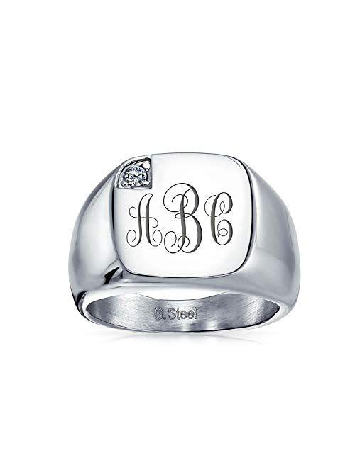 Bling Jewelry Personalized Men's Cubic Zirconia CZ Accent Engrave Monogram Initial Statement Square Signet Ring for Men Silver Tone Stainless Steel