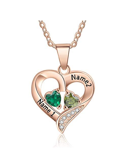 Love Jewelry Sterling Silver Personalized 2 Names Necklace with 2 Heart Simulated Birthstone Couple Pendant Necklace for Women