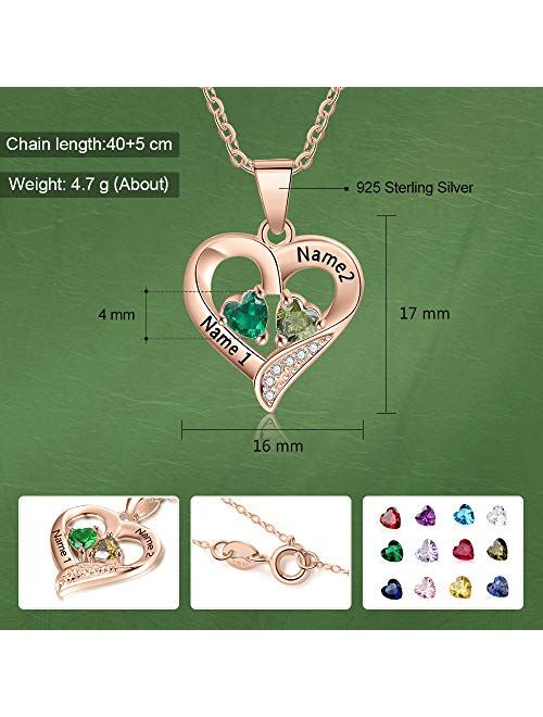 Love Jewelry Sterling Silver Personalized 2 Names Necklace with 2 Heart Simulated Birthstone Couple Pendant Necklace for Women