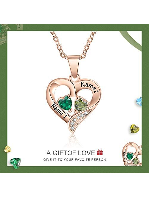 Love Jewelry Sterling Silver Personalized 2 Names Necklace with 2 Heart Simulated Birthstone Couple Pendant Necklace for Women