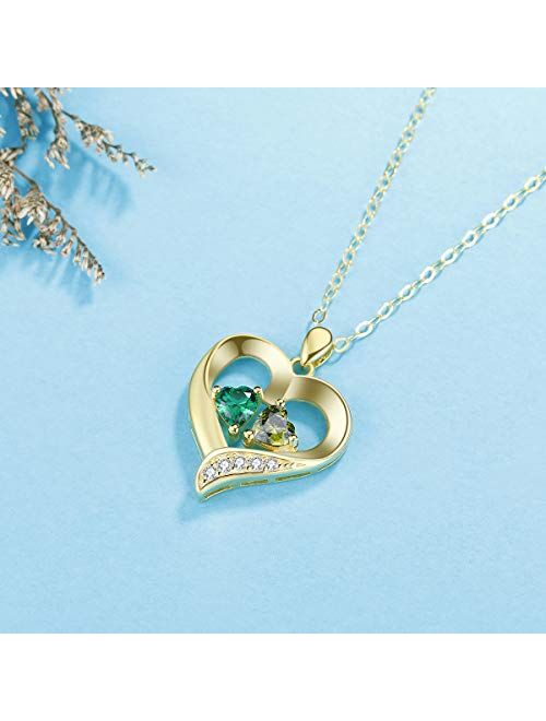 Missnity 925 Sterling Silver Personalized 2 Heart Simulated Birthstone Engraved Names Necklace for Women Mother Pendant Jewelry