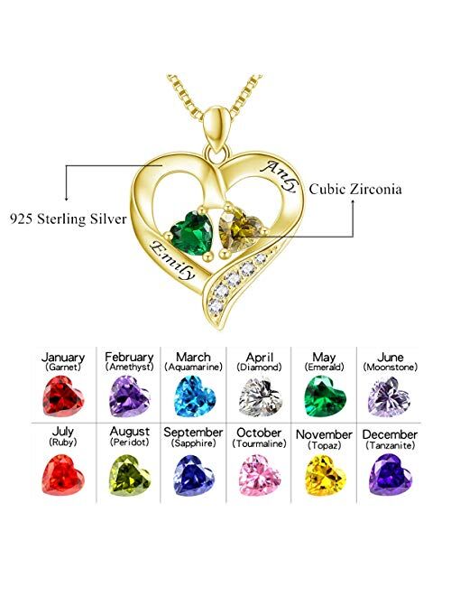 Missnity 925 Sterling Silver Personalized 2 Heart Simulated Birthstone Engraved Names Necklace for Women Mother Pendant Jewelry