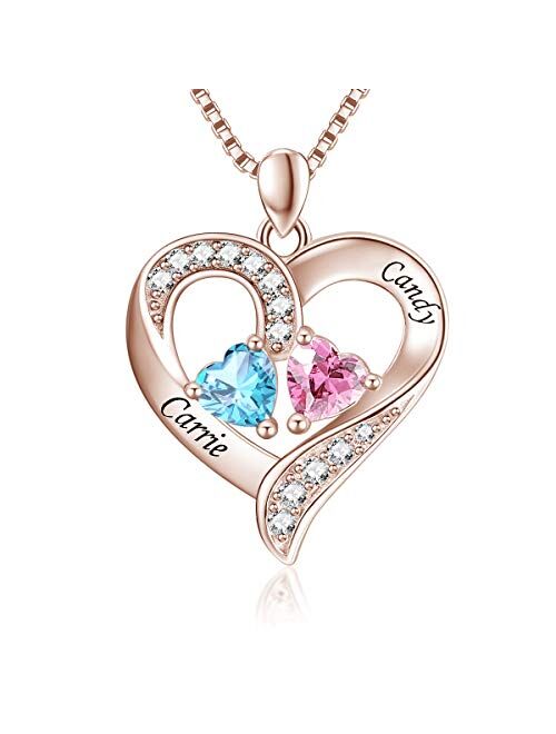 Missnity 925 Sterling Silver Personalized 2 Heart Simulated Birthstone Engraved Names Necklace for Women Mother Pendant Jewelry