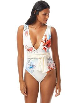 Bright Floral Belted Plunge V-Neck One-Piece