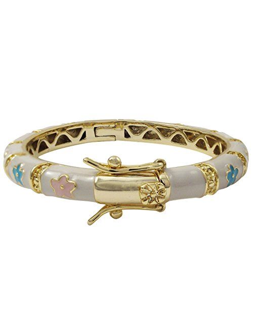 Ivy and Max Gold Finish White Enamel Multi-Color Flowers Girls Bangle Bracelet