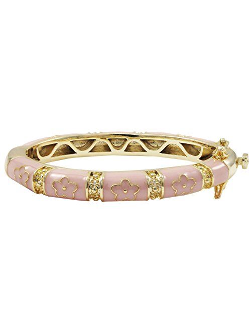 Ivy and Max Gold Finish Light Pink Enamel Flowers Girls Bangle Bracelet