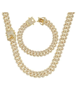 Putouzip Men's 12MM 14MM 20MM Chains 18K Gold Plated CZ Fully Iced-Out Miami Cuban Necklace Bracelet Set