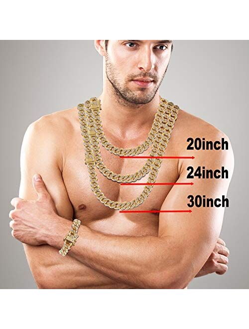 Putouzip Men's 12MM 14MM 20MM Chains 18K Gold Plated CZ Fully Iced-Out Miami Cuban Necklace Bracelet Set