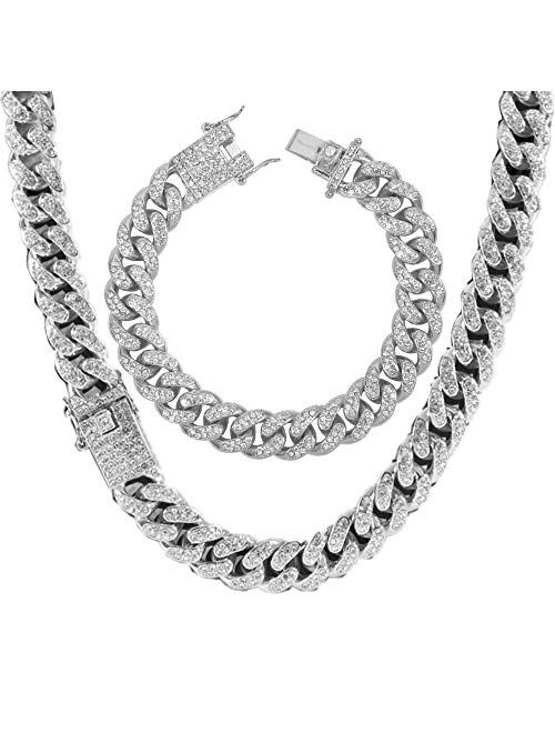 Putouzip Men's 12MM 14MM 20MM Chains 18K Gold Plated CZ Fully Iced-Out Miami Cuban Necklace Bracelet Set