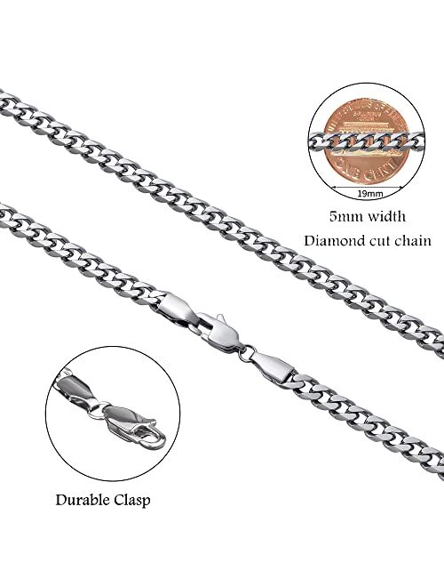 Eyreindy 5mm Silver Colored Chain for Men, Diamond Cut Cuban Chain Necklace for Men Women, Miami Stainless Steel Mens Chain 18, 20, 22, 24, 26 Inch