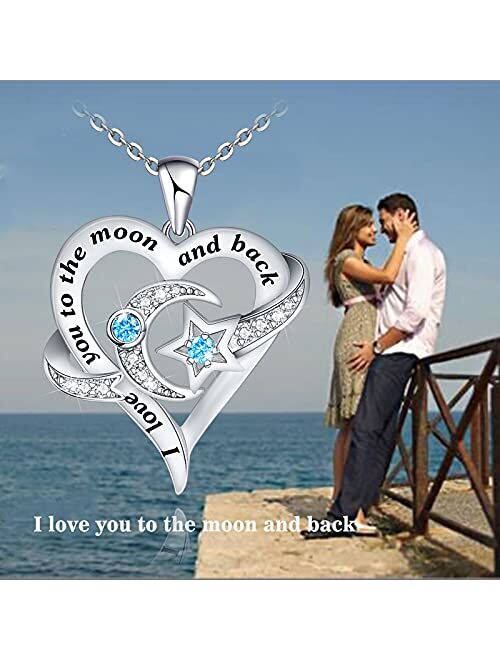 Distance Heart Necklace for Women 925 Sterling Silver Moon Star Necklace Engraved I Love You to The Moon and Back Valentine's Necklaces for Girlfriend