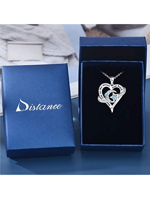 Distance Heart Necklace for Women 925 Sterling Silver Moon Star Necklace Engraved I Love You to The Moon and Back Valentine's Necklaces for Girlfriend