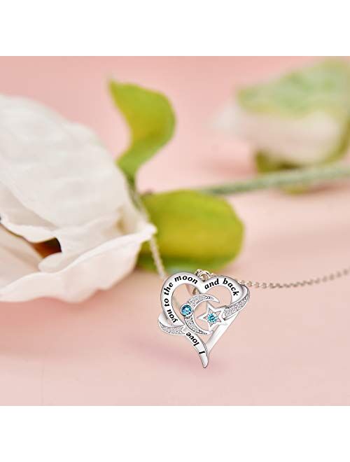 Distance Heart Necklace for Women 925 Sterling Silver Moon Star Necklace Engraved I Love You to The Moon and Back Valentine's Necklaces for Girlfriend