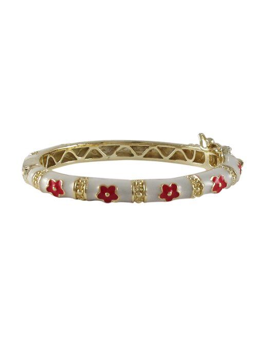 Ivy and Max Gold Finish White Enamel Red Flowers Girls Bangle Bracelet