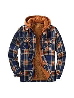 DOSLAVIDA Men's Quilted Lined Flannel Jackets Thicken Hooded Plaid Shirt Jacket Heavyweight Long Sleeve Button Down Shirts