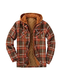 DOSLAVIDA Men's Quilted Lined Flannel Jackets Thicken Hooded Plaid Shirt Jacket Heavyweight Long Sleeve Button Down Shirts