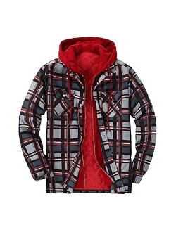 DOSLAVIDA Men's Quilted Lined Flannel Jackets Thicken Hooded Plaid Shirt Jacket Heavyweight Long Sleeve Button Down Shirts