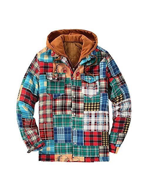 DOSLAVIDA Men's Quilted Lined Flannel Jackets Thicken Hooded Plaid Shirt Jacket Heavyweight Long Sleeve Button Down Shirts