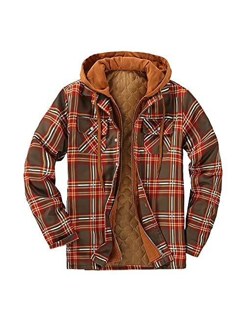 DOSLAVIDA Men's Quilted Lined Flannel Jackets Thicken Hooded Plaid Shirt Jacket Heavyweight Long Sleeve Button Down Shirts