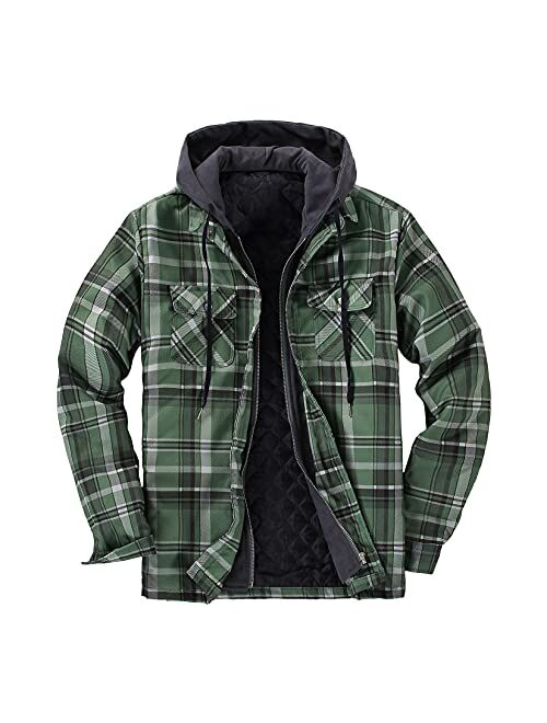 DOSLAVIDA Men's Quilted Lined Flannel Jackets Thicken Hooded Plaid Shirt Jacket Heavyweight Long Sleeve Button Down Shirts